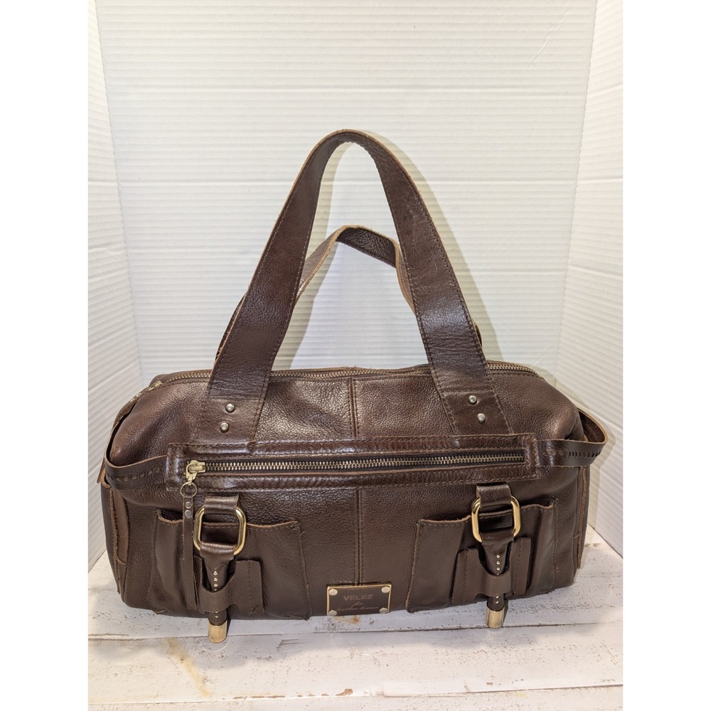 Vtg. Velez Chocolate Brown Leather Satchel/Boston Bag Y2K Gold Hardware Accents